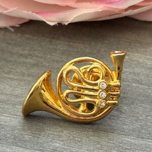 Gold French Horn Pin with Rhinestones